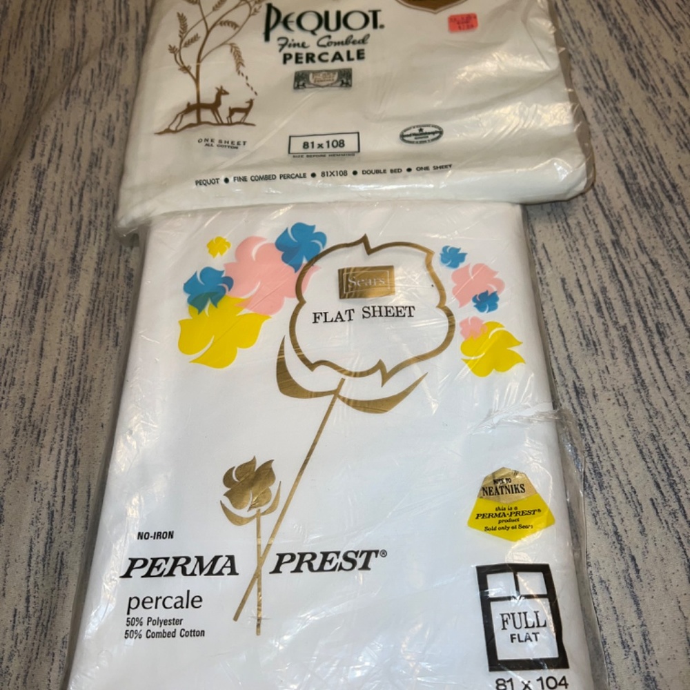 Lot of 2 NOS White Vintage Percale Flat Full Double Sheet Free Ship